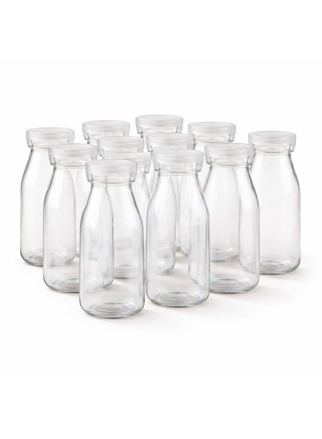 Luxoraq 200ml Plastic Juice Bottle with Caps, (Pack of 12) Clear Milk Bottles, Reusable Juice Containers with Leak-Proof White Lids, BPA-Free Smoothie Water Bottles for Homemade Beverages, Kombucha - Image 1